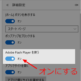 Adove Flash Playerを使う「オン」にする